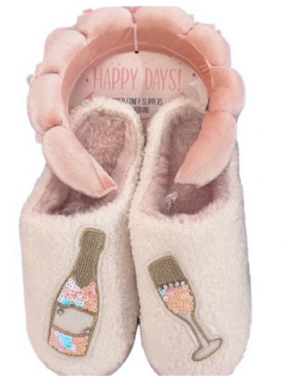 🆕- Champagne Embroidered Slippers with Matching Plush Headband